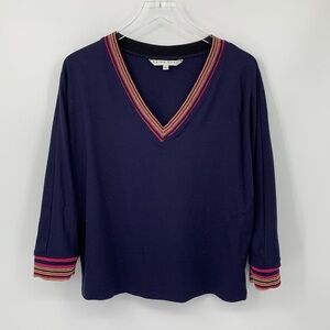 Trina Turk v-neck Dolman sleeve knit shirt top blouse navy blue metallic trim L